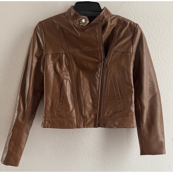 MICHAEL KORS Jacket 100% lambskin Leather Asymmetric Zip Brown luggage NWT - Picture 6 of 16